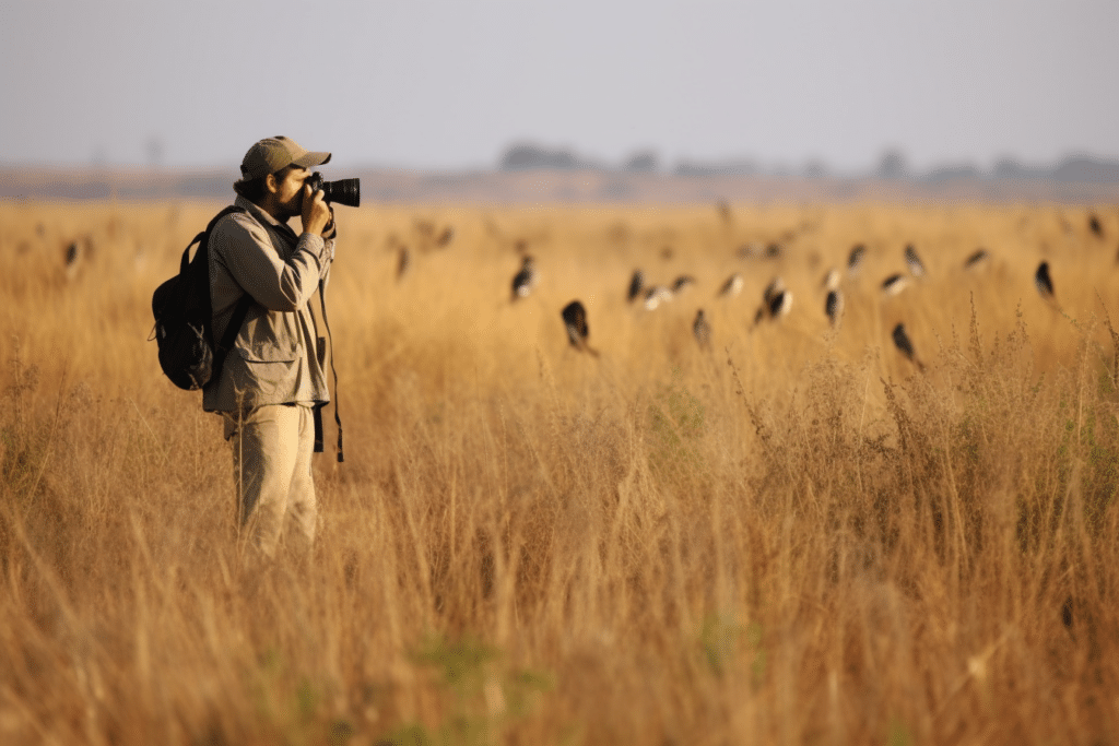 Bird watching in an open field