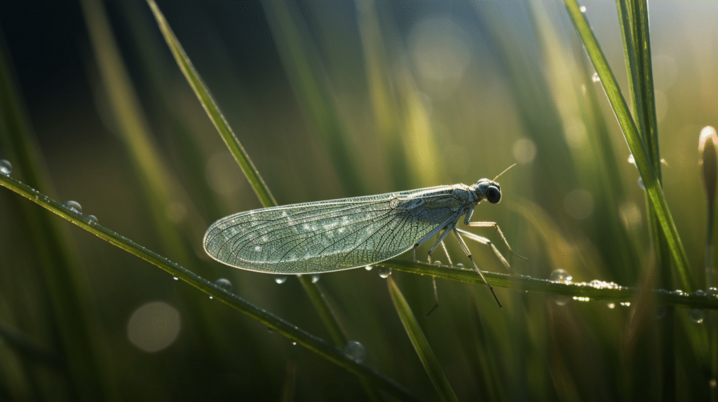 Green Lacewing on a leaf closeup