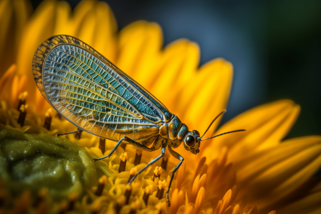 Lacewing perched delicately on a vibrant blooming sunflower