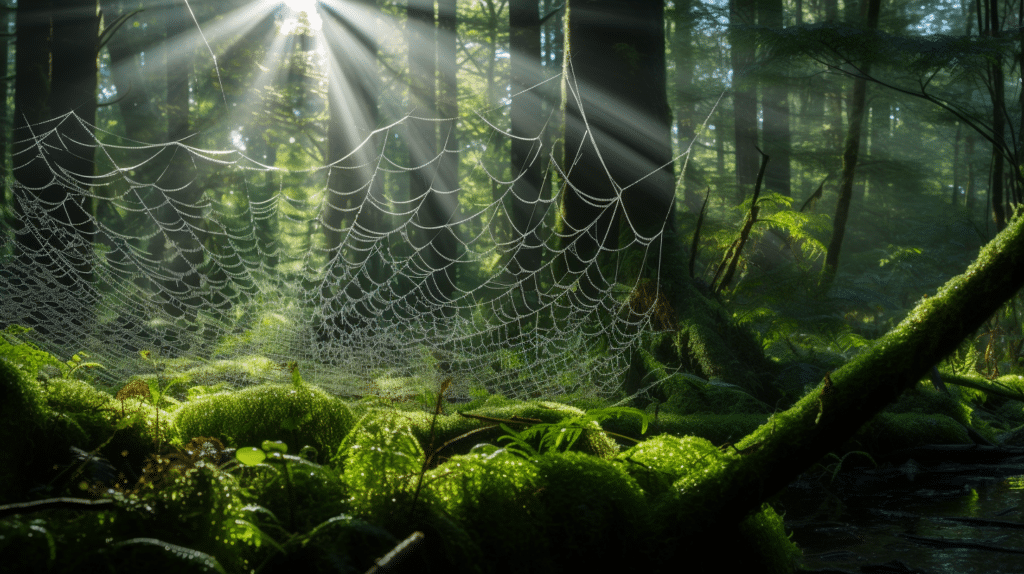 Vibrant green forest floor, adorned with intricate spiderwebs glistening with dewdrops.